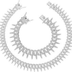 Mens Gold Silver Plated Spike Cuban Link Chain Necklace and Bracelet Sets, Chunk